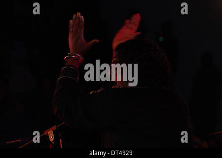 De Premchand, Patna, Bihar, Inde, 08 février 2014. Ranjan ali Kawal et partie du Punjab, en Inde joue chanson 'Duma dum mast kalandar" pendant le premier festival Soufi Sutra sur la fin de soirée d'hiver pour "la paix mondiale". Credit : Rupa Ghosh/Alamy Live News. Banque D'Images