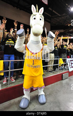Los Angeles, CA, USA. Feb 8, 2014. USC Trojans Mascot Traveler pendant le jeu de basket-ball universitaire entre l'UCLA Bruins et les USC Trojans au Galen Center de Los Angeles, Californie.Louis Lopez/CSM/Alamy Live News Banque D'Images