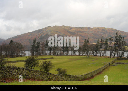 Les pâturages verts autour du lac Ullswater avec Gowbarrow Sont Tombés dans l'arrière-plan dans le parc national du Lake District, Cumbria, Angleterre, Royaume-Uni Banque D'Images