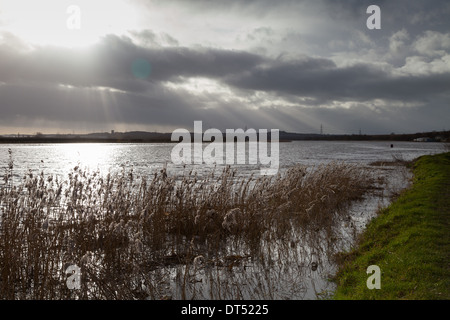 Les rives de la rivière Mersey dans Cheshire pendant les marées exceptionnellement élevé en janvier 2014. Banque D'Images