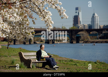 Femme lisant à Fairmount Park, le long des rives de la rivière Schuylkill à Philadelphie, pendant le temps des cerisiers en fleur. Banque D'Images