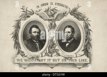 Une bannière de la campagne républicaine pour l'Ulysses S. Grant-Schuyler Colfax billet. Les deux candidats sont présentés au buste sculpté portraits dans des cadres ovales, encerclé par des branches de laurier ou d'olive. Grant porte un uniforme militaire. Ci-dessous la devise 'à l'Union fait la force, un American Eagle, aux ailes déployées, se dresse au sommet d'un bouclier orné d'étoiles et de rayures. Au bas de l'impression sont les paroles de Grant's célèbre expédition à Washington au cours de la campagne de Spotsylvania de la guerre civile, "Nous allons combattre sur cette ligne." L'élection présidentielle 1868 USA Banque D'Images