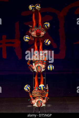 Toronto, Canada. Feb 9, 2014. Effectuer les acrobates chinois 'coups de balles pendant le carnaval du Nouvel An chinois 2014 au Sony Centre for the Performing Arts à Toronto, Canada, le 9 février 2014. Organisé par l'Orchestre National de Diffusion de la Chine, cette année, le carnaval du Nouvel An chinois, une ville de sept, huit-show tournée du Canada, a commencé ici pour célébrer la fête du printemps et de montrer aux Canadiens le pouvoir de la culture chinoise attrayante le dimanche. © Zou Zheng/Xinhua/Alamy Live News Banque D'Images