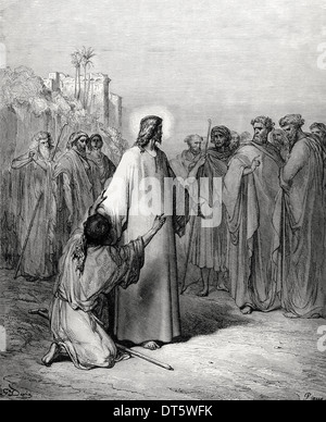 Nouveau Testament. Jésus guérit un démoniaque muet. Évangile de Matthieu, chapitre IX, versets 32-38. Dessin de Gustave Dore. Banque D'Images