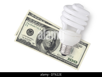 Plus de lampe économiseur d'Enegy dollar bills sur fond blanc Banque D'Images