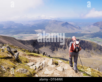 Portant un sac à dos randonneur marchant dans le chemin de Rhyd Ddu Bwlch principal avec vue sud à Llechog de Mt Snowdon Mountain dans le Snowdonia (Eryri), pays de Galles, Royaume-Uni Banque D'Images