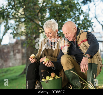 Senior couple admiring pommes de la benne Banque D'Images