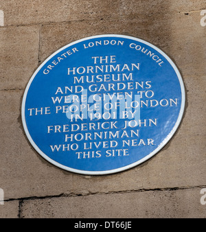 Blue plaque au Horniman Museum, London Road, Forest Hill, London SE23, en Angleterre. Banque D'Images