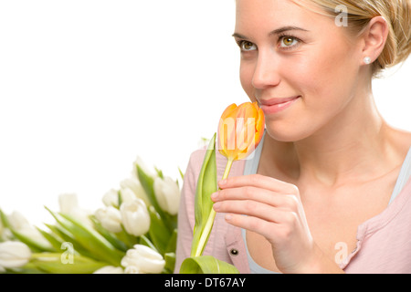 Une odeur de femme romantique orange tulip flower isolated on white Banque D'Images