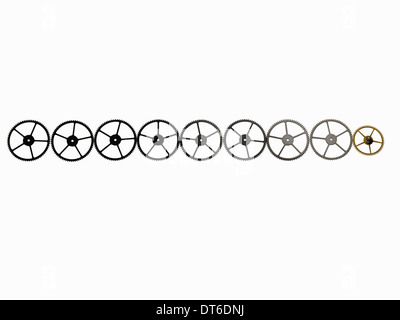 Regardez les engrenages, petite précision faite cog roues avec rayons et dents fines ou encoches autour du bord. Disposés dans une rangée. Banque D'Images