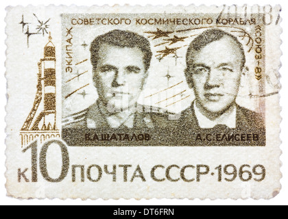 Timbres en Russie, spectacles portraits des astronautes russes de V.A. Shatalov et A.S. Eliseev, série, vers 1969 Banque D'Images