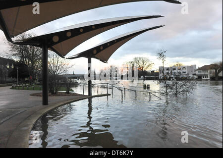 Egham, Surrey, UK. 10 février 2014. La Tamise est gonflé et très haut et rapide à Staines, et à partir d'inondation. Crédit : Matthieu Chattle/Alamy Live News Banque D'Images