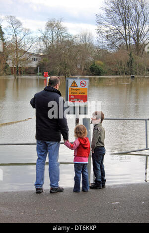 Lower Sunbury, Surrey, Angleterre, Royaume-Uni. 10 février 2014. Après les niveaux exceptionnels de l'eau de pluie à travers le Royaume-Uni, la Tamise a éclaté ses banques dans de nombreux endroits à Surrey. Ici, à Lower Sunbury une fmily voir l'eau d'inondation qui a englouti plusieurs résidences à proximité. Credit : Julia Gavin/Alamy Live News Banque D'Images