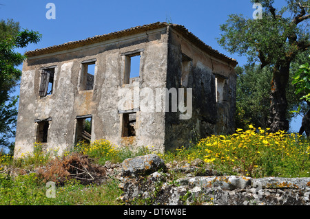 Maison abandonnée et Paysage de printemps dans les régions rurales de Zakynthos, Grèce. Banque D'Images