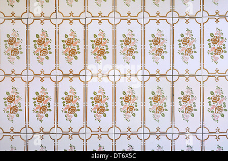 Les carreaux de mur de cuisine avec motif floral dans une maison construite en 1970. Vintage background. Banque D'Images