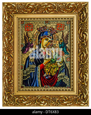 Icône antique d'une mère de Dieu (Marie) et de l'enfant (Jésus Christ) avec des anges Banque D'Images