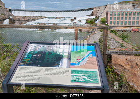 Great Falls, Montana, Ryan barrage, barrage hydroélectrique sur la rivière Missouri, achevé en 1915, signe d'interprétation Banque D'Images