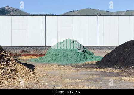 Des piles de l'écorce verte des copeaux de bois utilisés pour l'aménagement paysager, près de Quincy Banque D'Images