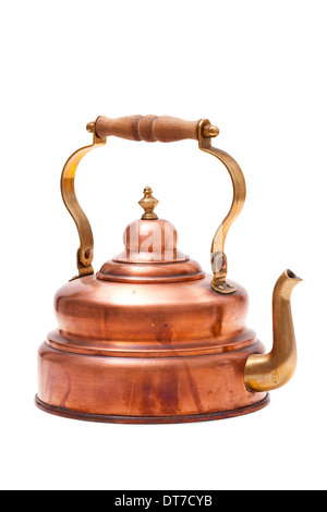 Ancien plateau nostalgique électrique fait ​​Of avec poignée en bois cuivre isolé sur fond blanc Banque D'Images