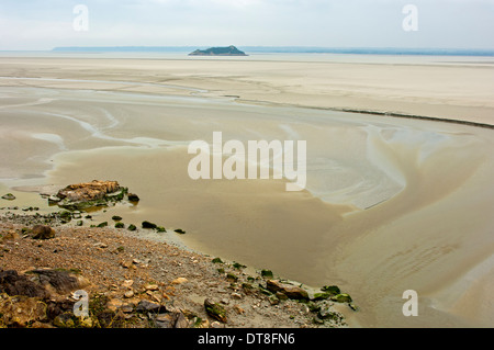 Vue depuis l'abbaye du Mont Saint-Michel à l'estran à marée basse, le Mont-Saint-Michel, Normandie, France Banque D'Images