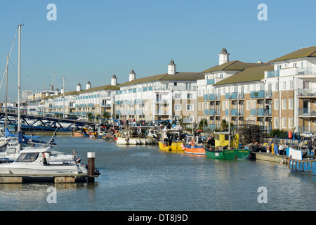 Le port de plaisance avec des bateaux de pêche et des appartements. Brighton. East Sussex. L'Angleterre Banque D'Images