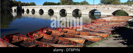 Une ligne de l'aviron bateaux à louer mouillée par la rivière Avon, Stratford-upon-Avon, Warwickshire, Angleterre ville ; Grande-Bretagne ; UK Banque D'Images