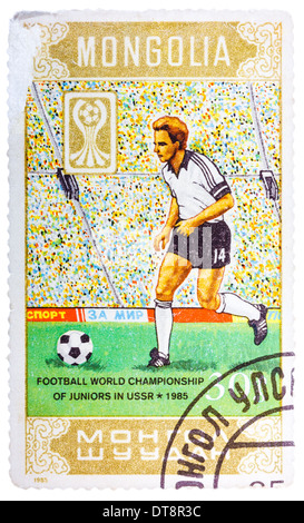 Mongolie - circa 1985 : timbres en Mongolie montre championnat du monde de football des juniors en URSS en 1985, 1985 Banque D'Images