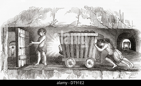 Scène à l'intérieur d'une mine de charbon anglais, au début du xixe siècle. Les enfants qui travaillent. Banque D'Images
