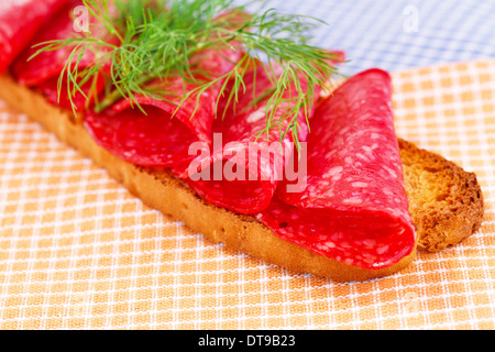 Avec sandwich au salami et l'aneth isolé sur des essuie-tout. Banque D'Images