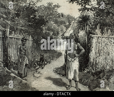 L'impérialisme français. L'Afrique. Dahomey. Une rue de Porto-Novo. Résidence officielle du gouverneur français. La gravure. Banque D'Images