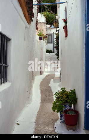 Rue étroite peint en blanc et des petites maisons dans le quartier d'Anafiotika traditionnelles Plaka, Athens, Greece Banque D'Images