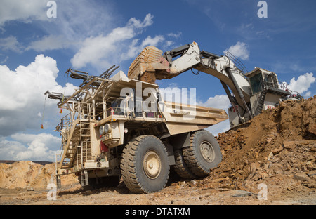 Liebherr Diesel 9250 Charges d'excavateur déchets dans un Hitatchi 3500eH grand routier dans une grande mine de cuivre à ciel ouvert en Afrique. Banque D'Images