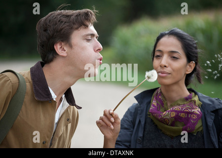 Couple blowing dandelion et décisions tiens Banque D'Images