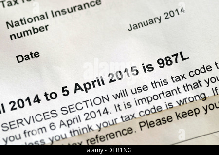 Partie d'un avis de HMRC Formule de codage pour un cafe la taxe d'entrée au Royaume-Uni montrant le code de taxe à utiliser lors de l'année d'imposition 2014 - 2015. Banque D'Images