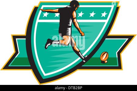 Illustration d'un joueur de rugby ball kicking vue arrière situé à l''intérieur de la protection sur l'arrière-plan isoalated effectuée en rétro style gravure sur bois. Banque D'Images