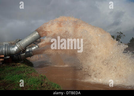 Burrowbridge, UK. Feb 13, 2014. Le pompage de l'eau de la Somerset inondées à l'aide de pompes de secours installé à Burrowbridge Crédit Paul Glendell Somerset/Alamy Live News Banque D'Images
