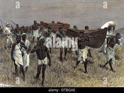 Stanley (1841-1904). Journaliste et explorateur britannique. Les porteurs de l'Afrique de l'exécution des sections de Lady Alice bateau. La gravure. Banque D'Images