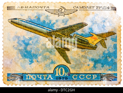 Timbres en URSS montre l'emblème de l'Aeroflot et des avions avec l'inscription 'Le courrier aérien, avions Tu-154' Banque D'Images