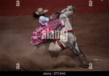 Un escaramuza arrête son cheval lors d'une concurrence dans l'Escaramuza Lienzo Charros el Penon, Mexico City Banque D'Images