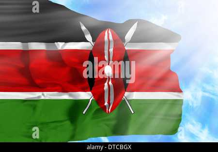 Kenya waving flag contre ciel bleu avec du soleil Banque D'Images