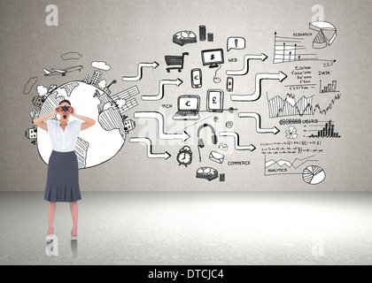 Composite image of businesswoman looking through binoculars Banque D'Images