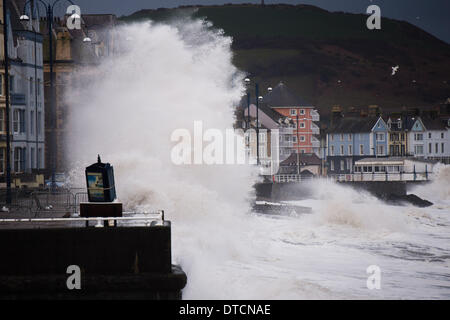 Pays de Galles Aberystwyth UK, samedi 15 Fen 2014 rafales de vent jusqu'à 70 mph drive énormes vagues battant contre le mur de la mer et de la promenade à Aberystwyth, sur la côte ouest du pays de Galles de l'UK à marée haute première chose ce matin. Après des mois de coups de vent violents et puissants raz de marée, des vents forts d'aujourd'hui sont appelées à être la dernière sur la séquence en cours de tempêtes. Le temps se calme, bien que la pluie, est prévue pour les prochains jours. Credit : Keith morris/Alamy Live News Banque D'Images