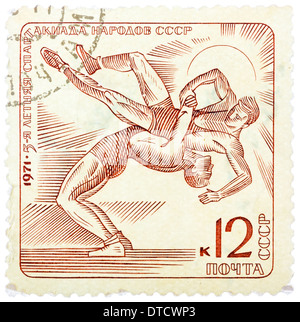 Timbres en l'URSS (Russie) montre la lutte, 1971, 'Jeux d'été de 5 personnes de l'URSS' Banque D'Images