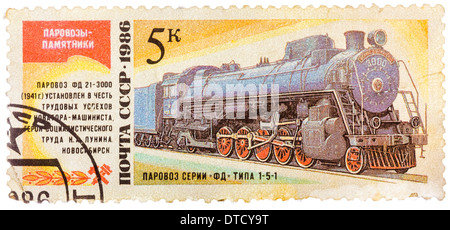 Urss- VERS 1986 : timbre imprimé dans l'URSS présente le FD 21-3000 fait de la locomotive à vapeur en 1941, vers 1986. Banque D'Images