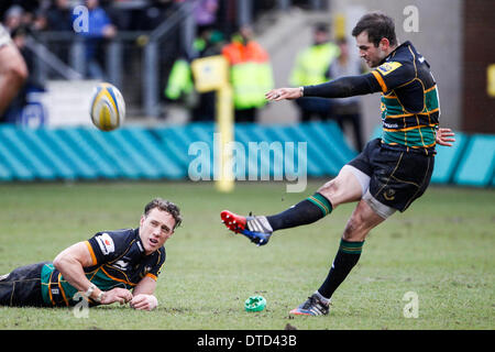 Northampton, Royaume-Uni. Feb 15, 2014. Stephen MYLER de Northampton Saints kicks une pénalité comme équipier James Wilson tient le ballon dans le vent au cours de l'Aviva Premiership match entre Northampton Saints et Worcester Warriors à Franklin's Gardens. Credit : Action Plus Sport/Alamy Live News Banque D'Images