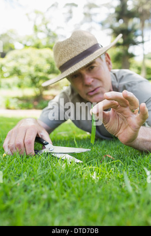 L'homme coupé de l'herbe avec des ciseaux Banque D'Images