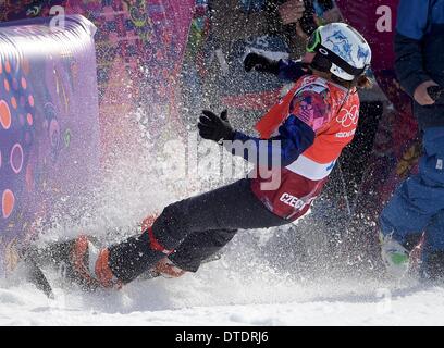 Eva Samkova (CZE) célèbre alors qu'elle se plante dans la porte de sortie après avoir remporté l'or. Snowbboard Womens Cross - Rosa Khutor Extreme Park - Sotchi - Russie - 16/02/2014 Banque D'Images