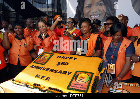 DURBAN - 16 février 2014 - Les principaux membres de la liberté nationale de l'Afrique du Sud, y compris le chef du parti Zanele kaMagwaza-Msibi (holding microphone) célébrer le troisième anniversaire du parti depuis sa fondation à un rassemblement à la Fontaine des Curry de Durban Stadium où l'élection 2014 du parti manifeste a été également lancé. Le parti a été fondé lorsque l'Msibi, puis de l'Inkatha Freedom Party's présidente nationale s'est détaché pour former le NFP. Le pays va aux urnes le 7 mai pour la cinquième élection depuis la fin de l'apartheid en 1994. Photo : Giordano Stolley Banque D'Images