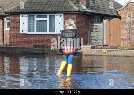 Chertsey Surrey, UK. 16 février. Un résident se trouve en face de sa maison dans une rue résidentielle, qui ont été touchés par les récentes inondations. La montée du niveau de l'eau continuer secteurs le long de la Tamise à la suite de mauvais temps sans précédent ce qui porte malheur aux résidents en dépit de l'amélioration de beau temps pendant le week-end : Crédit amer ghazzal/Alamy Live News Banque D'Images