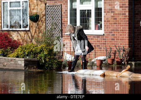 Chertsey Surrey, UK. 16 février. Un résident se trouve à côté de sacs de protection placé en face de sa maison dans la rue résidentielle inondées par l'eau. La montée du niveau de l'eau continuer secteurs le long de la Tamise à la suite de mauvais temps sans précédent ce qui porte malheur aux résidents en dépit de l'amélioration de beau temps pendant le week-end : Crédit amer ghazzal/Alamy Live News Banque D'Images